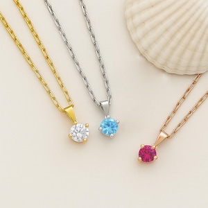 14k Solid Gold Custom Solitaire Necklace, Personalized Birthstone 18k Pendant for Her, Minimalist Gemstone 10k Jewelry for Mother&#39;s Day Gift