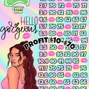 Könnte beinhalten: Eine rosa und blaue Bingokarte mit Zahlen und rosa Lippen. Die Karte enthält die Wörter "BINGO", "HELLO gorgeous", "EVERY ROW" und "PROFIT 10-70 €".