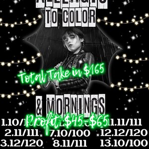 May include: A black and white image of a person holding a black umbrella. The text "ALLERGIC TO COLOR" is at the top of the image. The text "Total Take in $165 & MORNINGS Profit $45-$65" is in green text. The image also includes a list of dates and numbers.