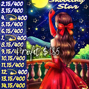 May include: A digital painting of a girl in a red dress reaching up to catch a shooting star. The background is a night sky with a full moon and stars. The text "Catch A Shooting Star" is at the top of the image. The text "4/7/12 Reserved For 9pt Minis" is at the bottom of the image.