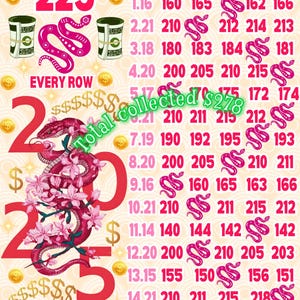 May include: A pink and red bingo card with a snake design. The card has numbers 1.16 to 15.19 and the numbers 160 to 218. The card also has the word "Bingo" at the top and the words "Every Row" and "Total Collected $278" on the left side.