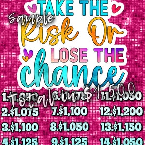 Puede incluir: Un gráfico rosa y blanco con el texto "TAKE THE Risk Or LOSE THE chance". La imagen incluye una lista de números y cantidades en dólares. La esquina superior izquierda tiene el texto "$100".