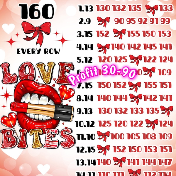 160 every row love bites pyp bingo board