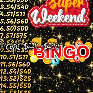 Puede incluir: Un gráfico rojo y amarillo con el texto "Super Weekend" y "BINGO" sobre un fondo negro con monedas de oro en la parte inferior. El texto "Profit $224 - $299" también es visible.