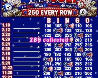 100/150/250 jede Reihe 4. Juli Bingo Boards 1 Design 3 Zahlen Optionen