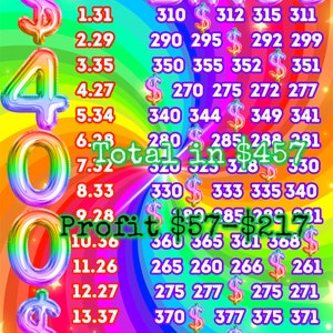Könnte beinhalten: Eine bunte Bingokarte mit Zahlen und Dollarzeichen. Die Karte hat einen Regenbogenhintergrund mit Sternen. Der Text "Total in $457.30" und "Profit $57-$217" ist auf der Karte sichtbar.