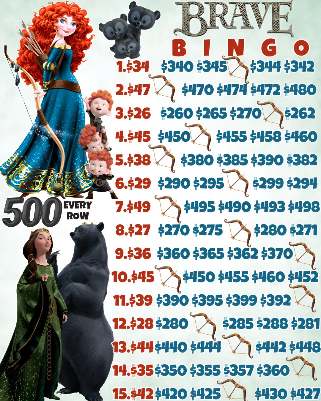 500 Every Row Merida Pyp Bingo Board With Profit - Etsy