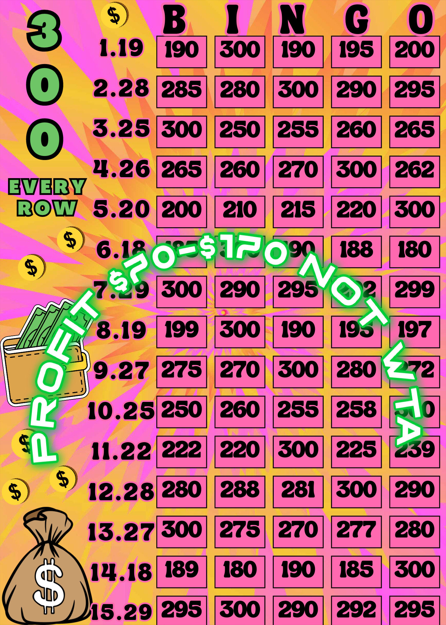 300 Every Row Pyp Bingo Board With Profit - Etsy