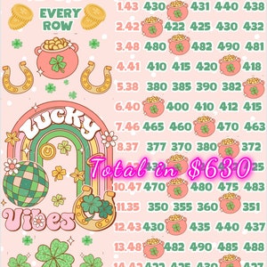 May include: A pink and green bingo card with a rainbow and the words "Lucky Vibes" on the left side. The card has 15 rows of numbers, each row with a pot of gold icon. The numbers are 1.43, 430, 431, 440, 438, 2.42, 422, 425, 430, 432, 3.48, 480, 482, 490, 481, 4.41, 410, 415, 420, 418, 5.38, 380, 385, 390, 382, 6.40, 400, 410, 412, 415, 7.46, 465, 460, 470, 463, 8.37, 377, 370, 380, 372, 10.47, 470, 480, 475, 483, 11.35, 350, 355, 360, 351, 12.43, 430, 435, 440, 437, 13.48, 482, 490, 485, 488, 14.42, 422, 425, 430, 427, 15.38, 380, 388, 385, 390. The card also has the text "500 Every Row" and "Total in $630" at the top and bottom.
