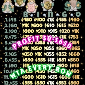 Puede incluir: Una tarjeta de bingo colorida con fondo negro y números dorados. La tarjeta presenta una fila de gnomos con sombreros y barbas doradas. El texto "Bingo" está escrito en letras doradas con diamantes a cada lado. El texto "Every Row!" está escrito en letras blancas sobre un fondo verde. El texto "Profits 0-650€" está escrito en letras rosas sobre un fondo verde. El texto "W/TAE EVERY ROW" está escrito en letras verdes sobre un fondo blanco.