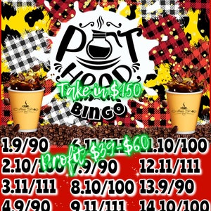 May include: A red and black checkered background with a coffee pot graphic and the text "POT HOOD Take in $150 BINGO".  The image also includes a list of numbers with fractions, such as "1.9/90", "2.10/100", "3.11/111", and so on.