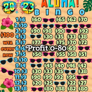 May include: Summer 2023 Aloha! Bingo card with a beach theme. The card has 15 rows with numbers and dollar amounts. The numbers are 1-15 and the dollar amounts range from $2 to $100. The card also has a free space in the middle. The card is surrounded by a beach scene with palm trees, sand, and sunglasses.