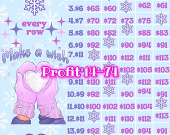 May include: A winter-themed bingo card with a pink and white mitten design. The card has 15 rows with numbers and dollar amounts. The card also has the text "Profit 14-74" and "Make a wish" in pink.