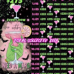 Puede incluir: Una tarjeta de bingo rosa y verde con temática de margarita. La tarjeta presenta un gran vaso de margarita rosa sostenido por una mano verde, con el texto "Need a Marg". La tarjeta tiene números e ilustraciones de margarita.