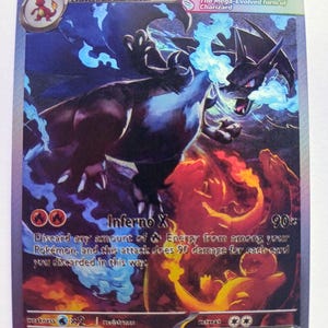 May include: A Mega Charizard X ex trading card featuring a dark dragon-like creature surrounded by blue flames. The card displays 360 HP, the Inferno X attack text, and a small Charmander icon in the top left corner with a holographic finish.