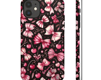 Phone Case, Chic Bows Vintage Cherries Stylish Protective Cover, Retro Pattern, Gift for Her, Accessory, Unique Design