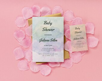 Rainbow Baby Shower Invitation, Pastel Rainbow Invite, Girl Baby Shower Invitation, Editable Invite, Digital Invitation.