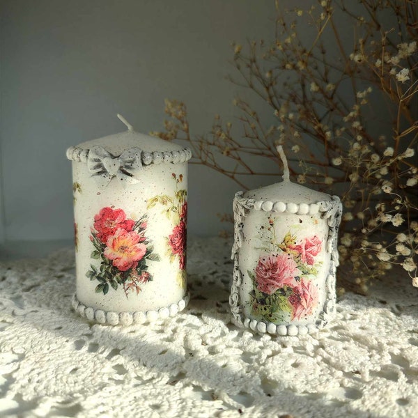 2 Handmade vintage shabby chic candles decoupage unique gift one of a kind decor home