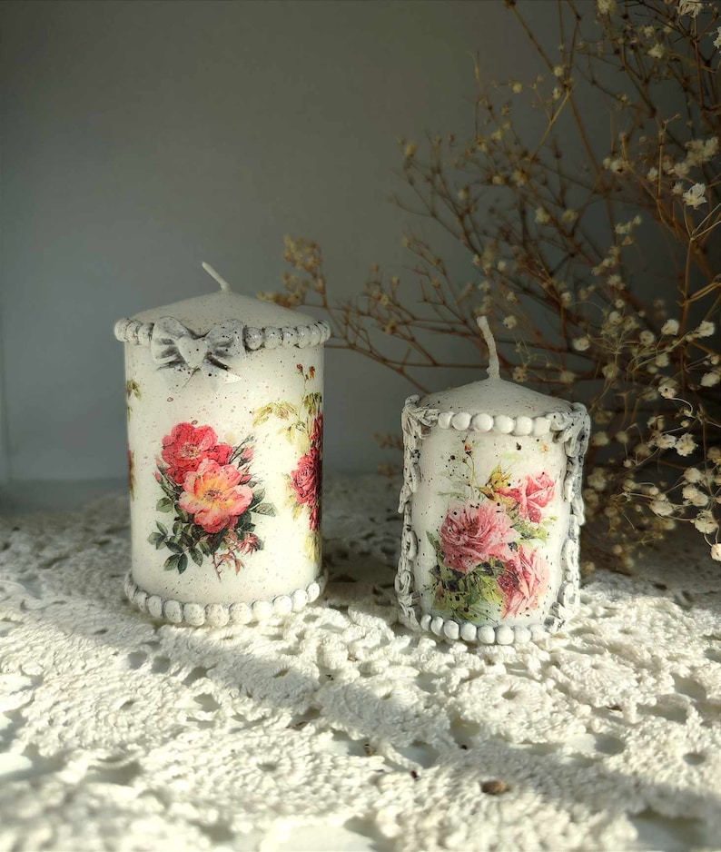 2 Handmade Vintage Shabby Chic Candles Decoupage Unique Gift One of a ...