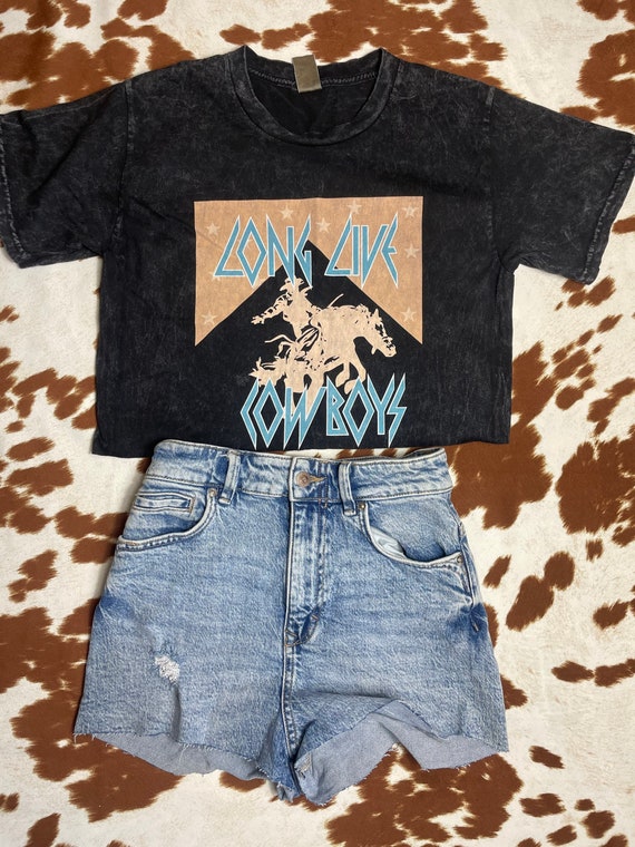 Long Live Cowboys Graphic Tee | Vintage Western Crop Top | Rodeo Cowgirl T-Shirt | Acid Wash Country Shirt | Nashville Outfit
