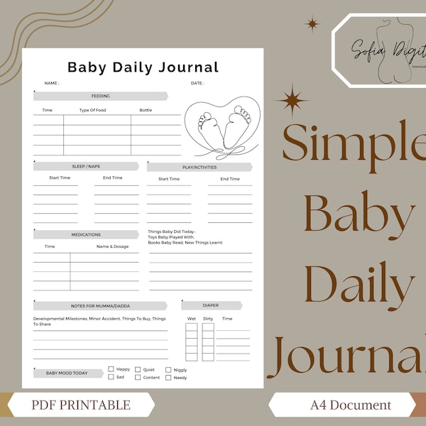 Daily Info Journal Pages - Babies and Newborns, Baby Log Printable, aunt gift new baby, nursing notes, baby daily planner, PDF Download