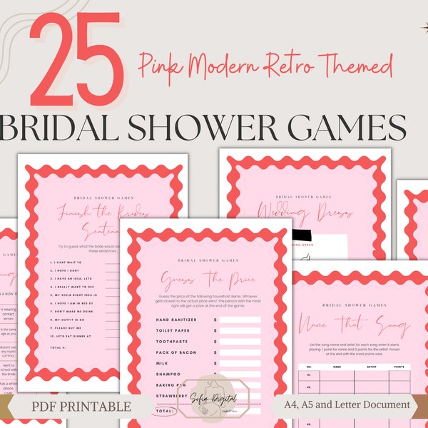 Bridal Shower Games Bundle,Modern Hens & Bridal Shower Party Games,Bachelorette Party,Wavy Border,25 Premade Game Bundle,Instant Download