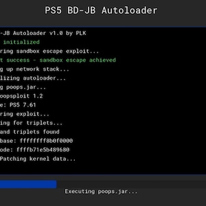 May include: A black screen displays text related to a PS5 BD-JB Autoloader. The text includes version information, initialization steps, and exploit success messages. A progress bar at the bottom shows 30% completion.