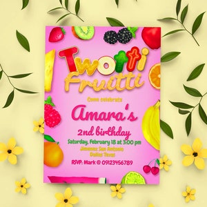 Twotti Fruitti - Fruits - Pink - 2nd Birthday Digital Editable Canva Invitation - Mobile Phone Instant Download - Smart Phone Invite