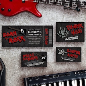 Chá de Bebê Born to Rock - Tema Rockstar - Pacote de Modelo de Convite de Ingresso Digital Editável Canva - Edição para Celular - Download Instantâneo