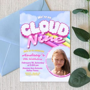 Cloud Nine - Invitation modifiable numérique fille avec modèle de toile photo - Invitation de téléphone portable arc-en-ciel de couleur pastel - Téléchargement immédiat