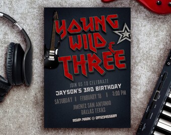 May include: A black and red birthday invitation with the text "Young Wild Three" in a rock and roll style font. The invitation includes details for Jayson's 3rd birthday party, including the date, time, and location.