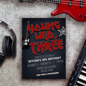 Junge Wilde und drei - Three Rocks - Rock and Roll 3. Geburtstag Digital bearbeitbare Einladung Canva Vorlage - Handy einladen - Printable