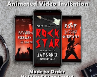 Zaproszenie na urodziny Rockstara w formie cyfrowej, animowane wideo – wykonane na zamówienie – spersonalizowane – do natychmiastowego pobrania – zaproszenie na telefon komórkowy
