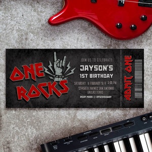 One Rocks - Rocked One year - Rock and Roll - Plantilla de Canva de invitación con boleto editable digital para el primer cumpleaños de un niño - Imprimible
