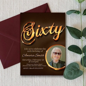 60th Birthday Digital Editable Invitation Canva Template with Photo for Woman - Sixtieth Celebration Party - Smart Phone Instant Download