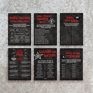 Paquete de plantillas de Canva con juegos editables digitales para baby shower con temática de estrella de rock para baby shower Born to Rock: descarga instantánea para teléfono móvil