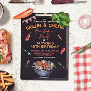 May include: A black chalkboard invitation with white chalk writing for a 40th birthday barbecue party. The invitation says "Join us for some Grillin & Chillin Barbeque Party at Jayson's 40th Birthday" with the date and time of the party. The invitation also includes a drawing of a grill with food on it.