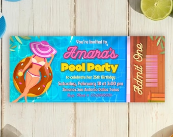 Szablon zaproszenia na imprezę urodzinową dla dziewczynek w formie biletu cyfrowego – wykonane na zamówienie zaproszenie na lato – do pobrania na telefon komórkowy – do druku