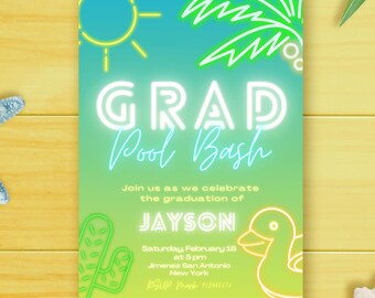 Grad Pool Bash - Neonowe, edytowalne zaproszenie cyfrowe na imprezę przy basenie - Limonkowy - Letnie zaproszenie - Natychmiastowe pobranie