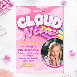Cloud Nine with Photo - Girl Invitation - 9th birthday  Digital Canva Template