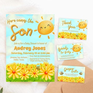 Aquí viene el hijo - Un pequeño rayo de sol está casi ahí - Paquete de plantillas de Canva para invitación digital de baby shower - Imprimible