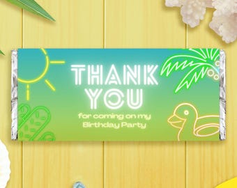 Pool Party Neon Boy Birthday Chocolate Wrapper Chocolate Bar Template Editable Instant Download Digital Canva Template - Printable