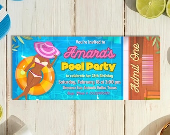 Szablon zaproszenia na imprezę urodzinową dla dziewczynek w formie biletu cyfrowego – wykonane na zamówienie zaproszenie na lato – spersonalizowane do natychmiastowego pobrania – do druku