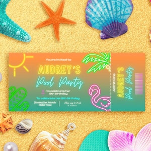 Pool Party Neon Digital Ticket Editable Birthday Invitation Canva Template - Any Age - Mobile Edit - Download and Print Instantly