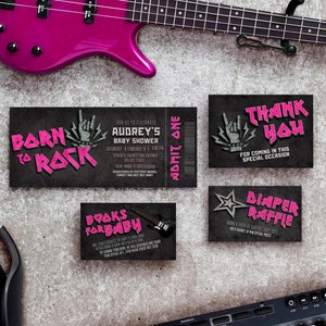 Born to Rock Babyparty - Pink Rockstar-Thema - Digital bearbeitbares Ticketeinladung Canva Template Paket - Handy bearbeiten - druckbar