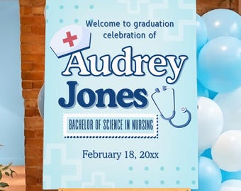Cyfrowy znak powitalny na przyjęcie z okazji ukończenia studiów przez pielęgniarkę – absolwent medycyny – do druku – do natychmiastowego pobrania – na zamówienie