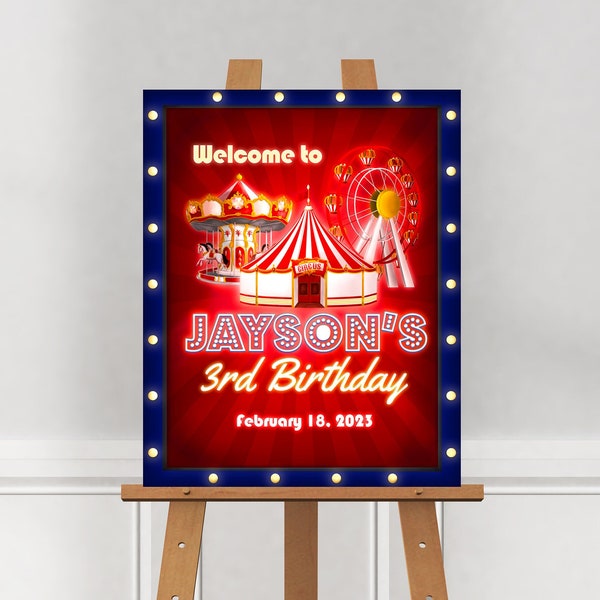 Carnival Party Welcome Sign Canva Template - Circus - Marquee Lights - Made to Order - Instant Download - Printable