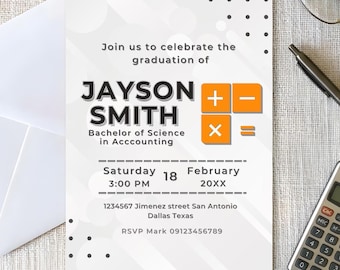 Cyfrowe zaproszenie na ukończenie studiów z rachunkowości – studia biznesowe – wykonane na zamówienie – spersonalizowane – do natychmiastowego pobrania – do druku