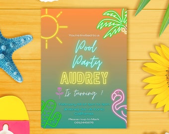 Pool Party Neon Invitation Canva Template