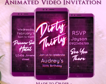 Cyfrowe animowane zaproszenie wideo „Brudna trzydziestka” – zaproszenie na 30. urodziny dla kobiety – spersonalizowane – dostosowane – wykonane na zamówienie